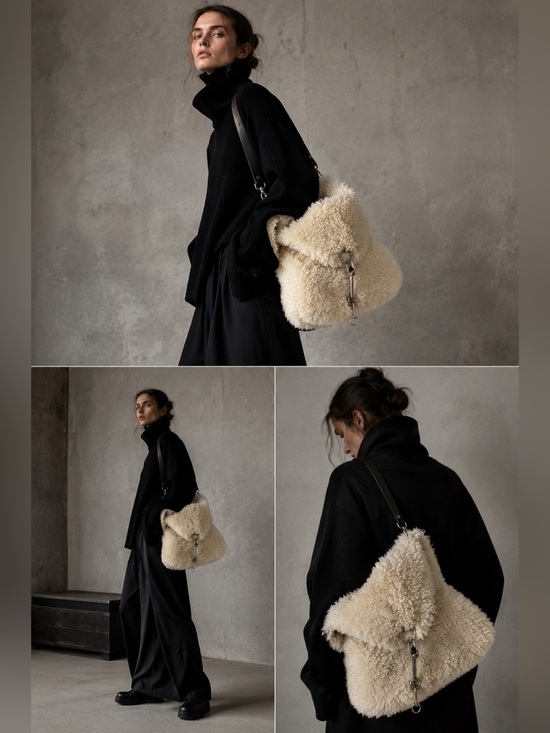 Handbags - Genuine Sheepskin Shearling Crossbody Bag Oversized with a black Leather Strap